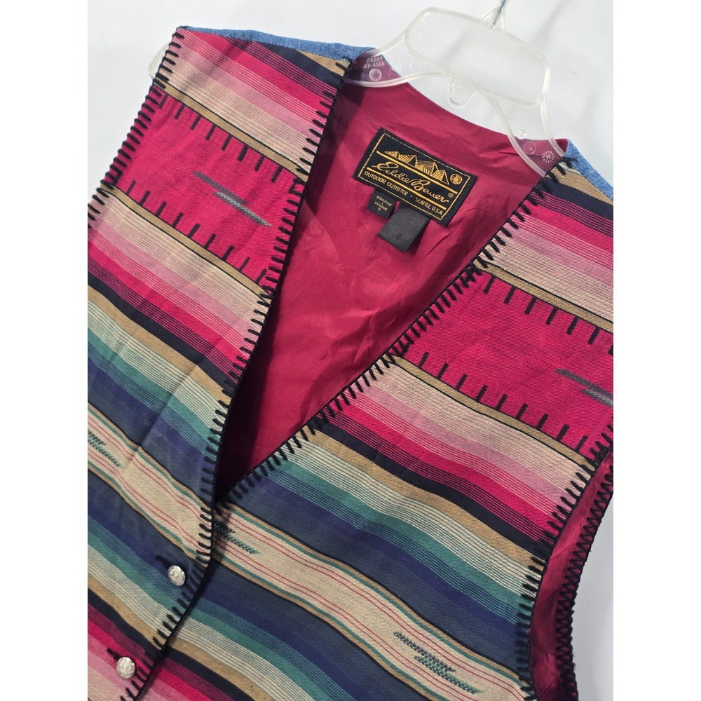 Vintage Eddie Bauer Vest Womens L Southwestern Striped Denim Back Aztec